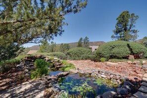 A landscaped garden with a pond, rocks, and various plants.
