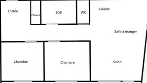 A hotel layout with an entrance, two bedrooms, a bathroom, a kitchen, a dining area, a manager's room, a salon, and a balcony.
