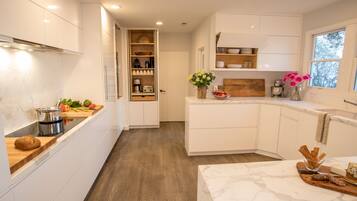 Frigorífico, microondas, horno y placa de cocina