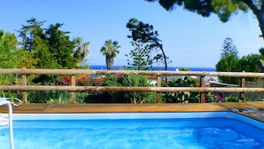 Una piscina rectangular con cubierta de madera y barandillas de metal, rodeada de abundante vegetación y vistas al océano.