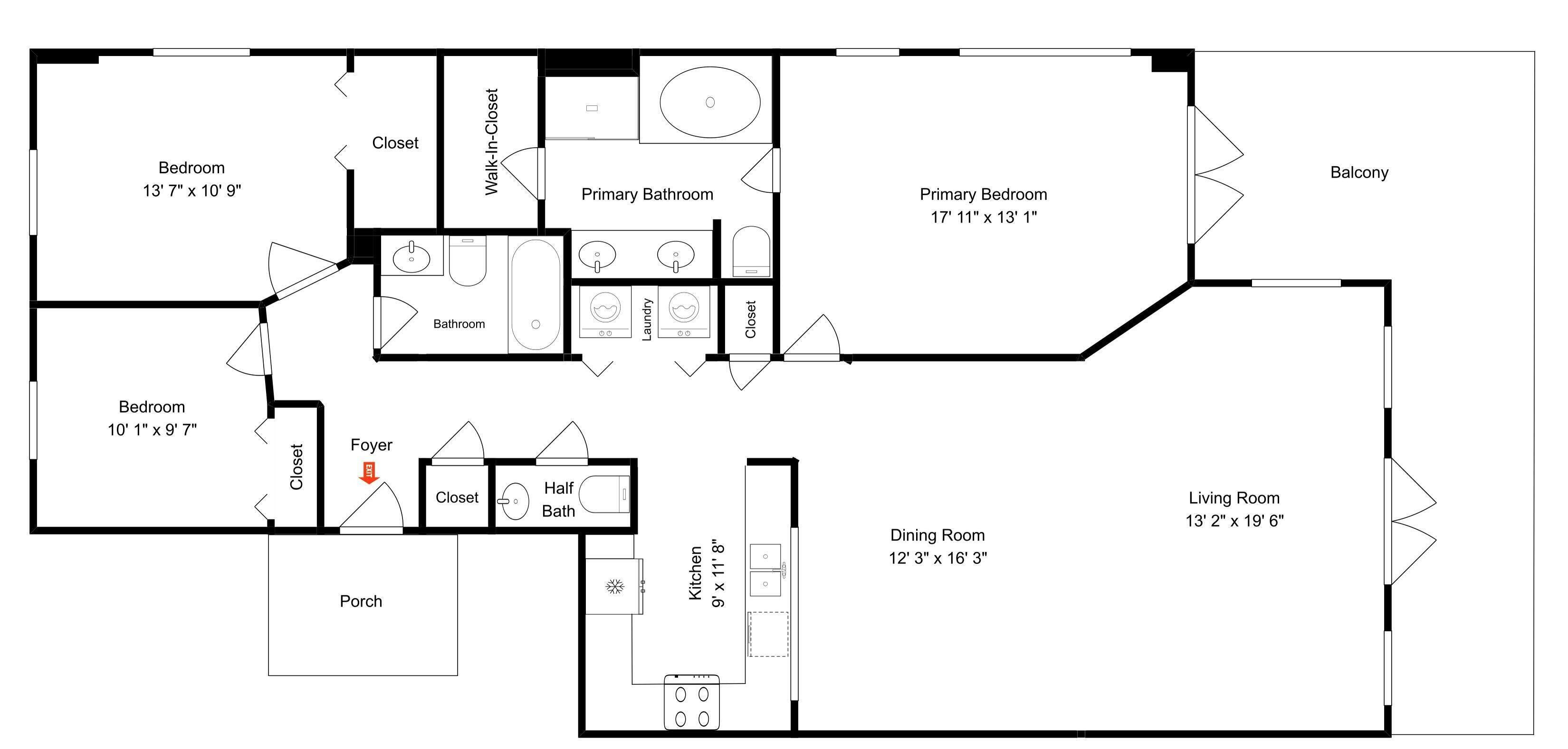 A floor plan with two bedrooms, a primary bathroom, a dining room, a living room, a kitchen, a foyer, a half bath, a walk-in closet, and a balcony.