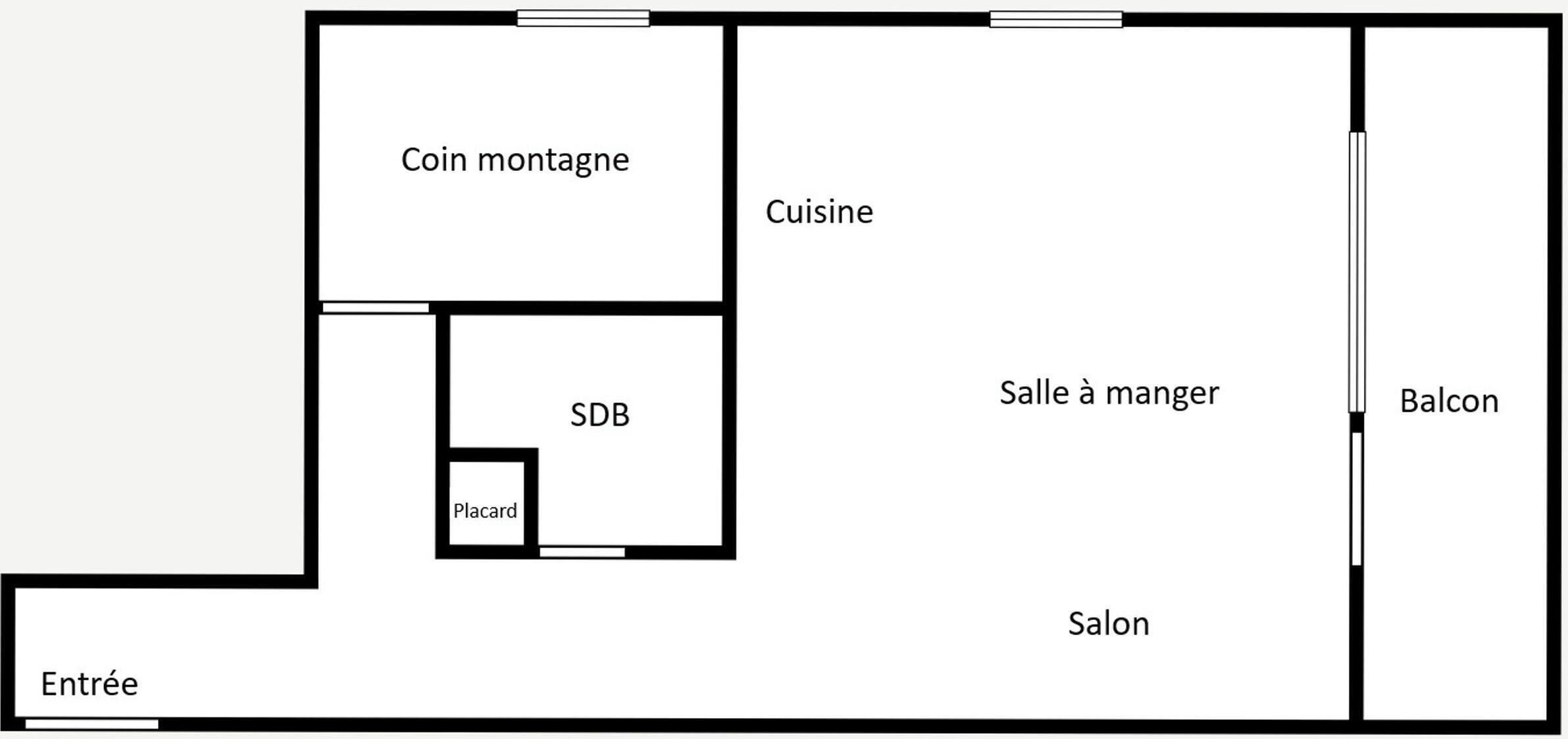 Un plano de planta que muestra una entrada, taquillé de monedas, una habitación pequeña identificada como 'SDB', un 'Placard', una cocina, habitación de servicio, un balcón y un salón.