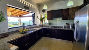 Una cucina moderna con mobili scuri, piani in granito, un frigorifero in acciaio inossidabile e vista sul paesaggio attraverso ampie finestre.