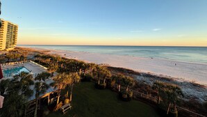 Un hôtel situé en bord de mer, doté d’une piscine, de palmiers et offrant une vue sur l’océan.