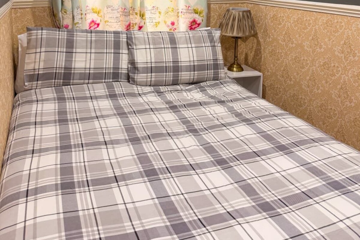 A bed with a plaid bedspread and two pillows, a nightstand with a lamp, and floral curtains.