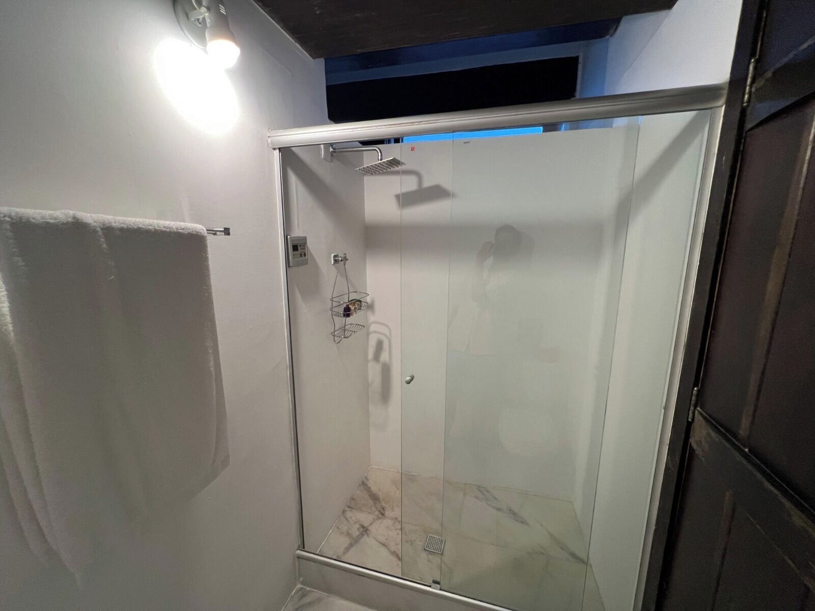 A glass-enclosed shower with a handheld showerhead, a control panel, and a towel rack.