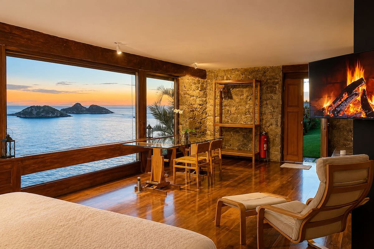 A room with a large window overlooking the sea, a fireplace, and a bed.