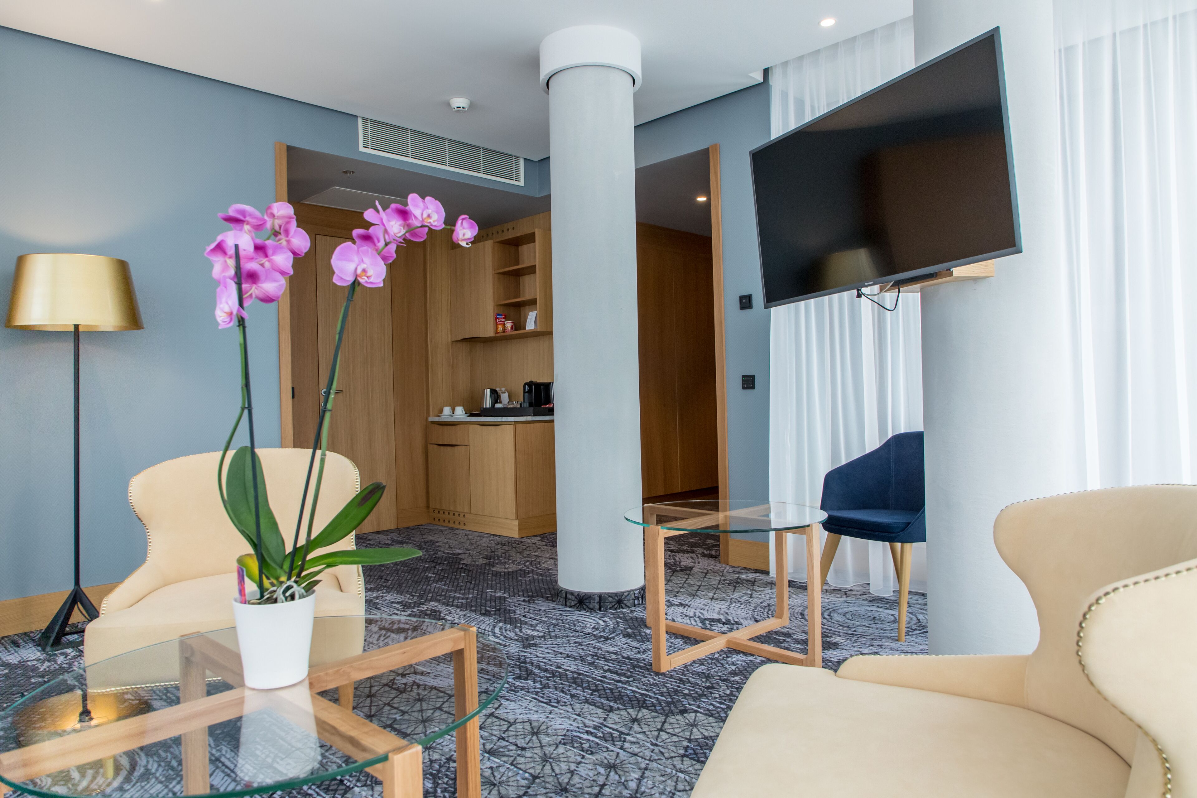 executive suite, 1 king bed with sofa bed (panorama) | living area | lcd tv