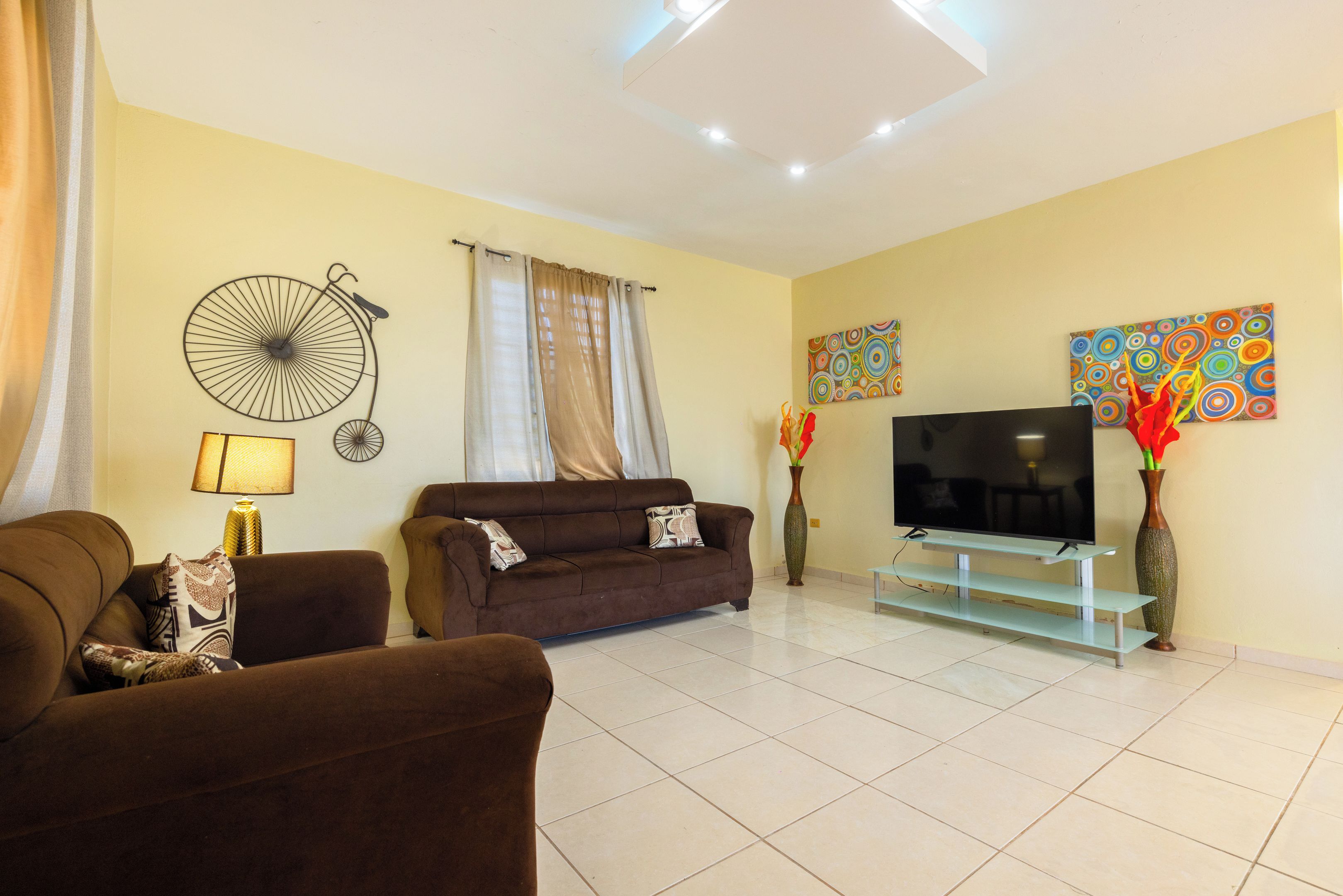 A living room with a brown sofa, a television on a glass stand, and two wall-mounted paintings.