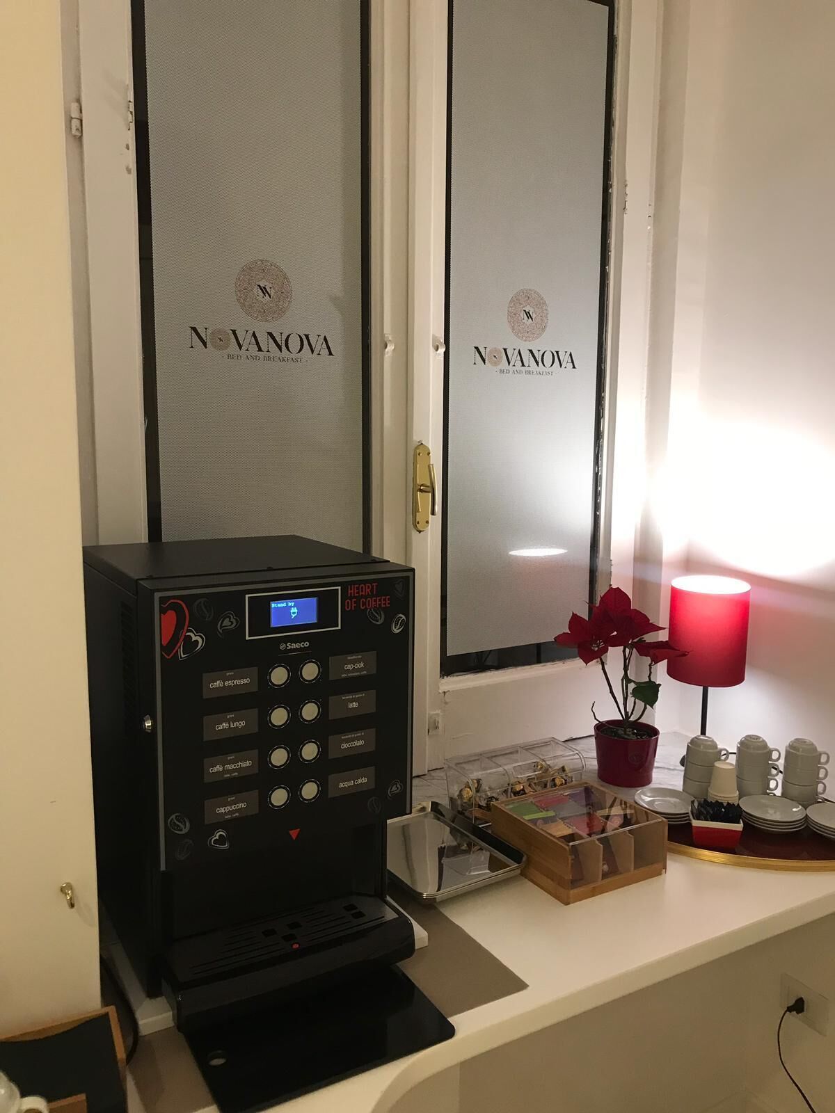 A coffee machine with multiple drink options, a potted plant, and a lamp on a counter.