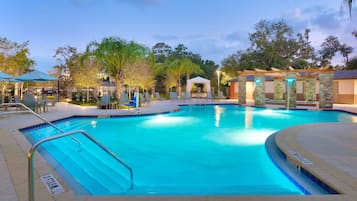 Outdoor pool, open 8 AM to 10:00 PM, free pool cabanas, pool umbrellas