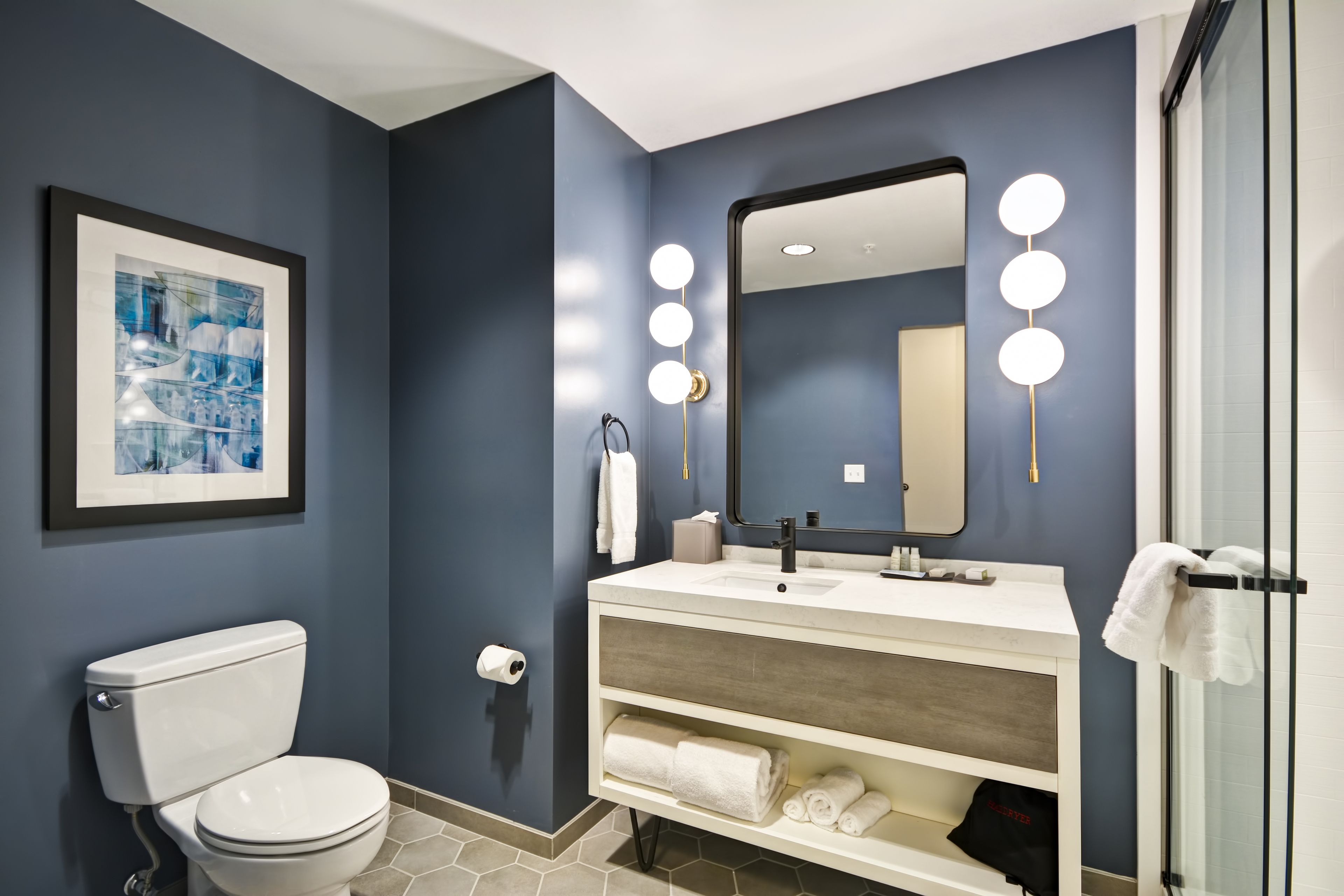 hair dryer, towels, soap, shampoo