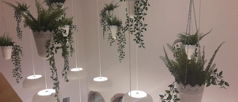 Multiple hanging planters with plants and pendant lights in a room.