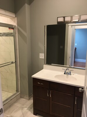 Combined shower/bathtub, hair dryer, towels