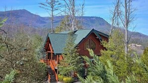 Une cabane surmontée d’un toit végétalisé, entourée d’arbres et de montagnes.