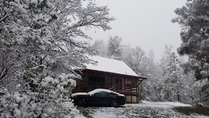 A cabin with a snow-covered roof and a car parked in front. - Cabin in bass lake vacational (Wishon)