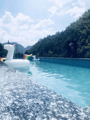 Indoor pool, outdoor pool, pool loungers