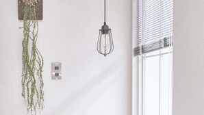 Een minimalistische kamer met een hangplant, een hanglamp, een klein krukje en een potplant bij een raam.
