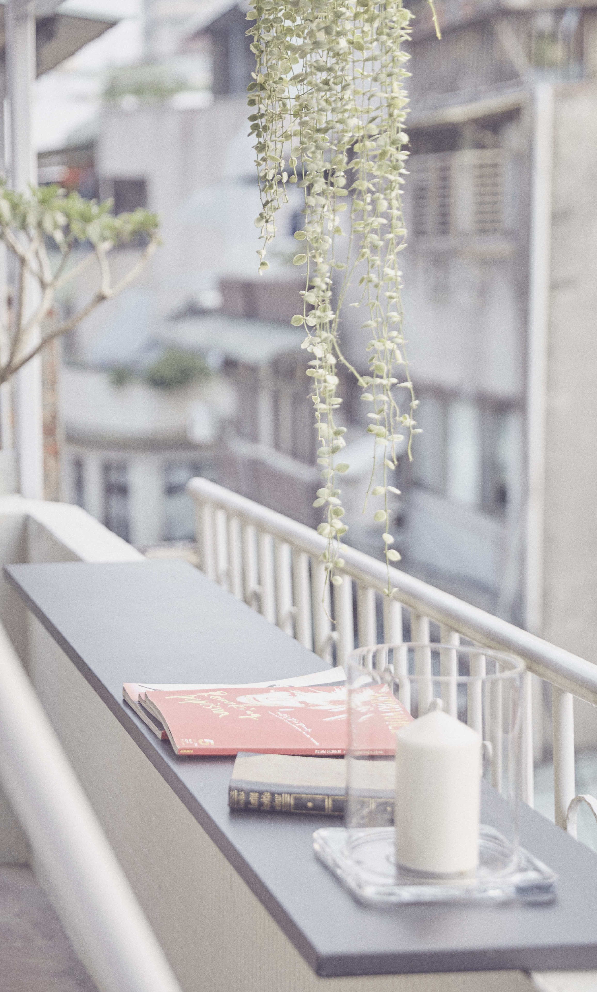 Un balcone con piante pensili, una candela e libri.