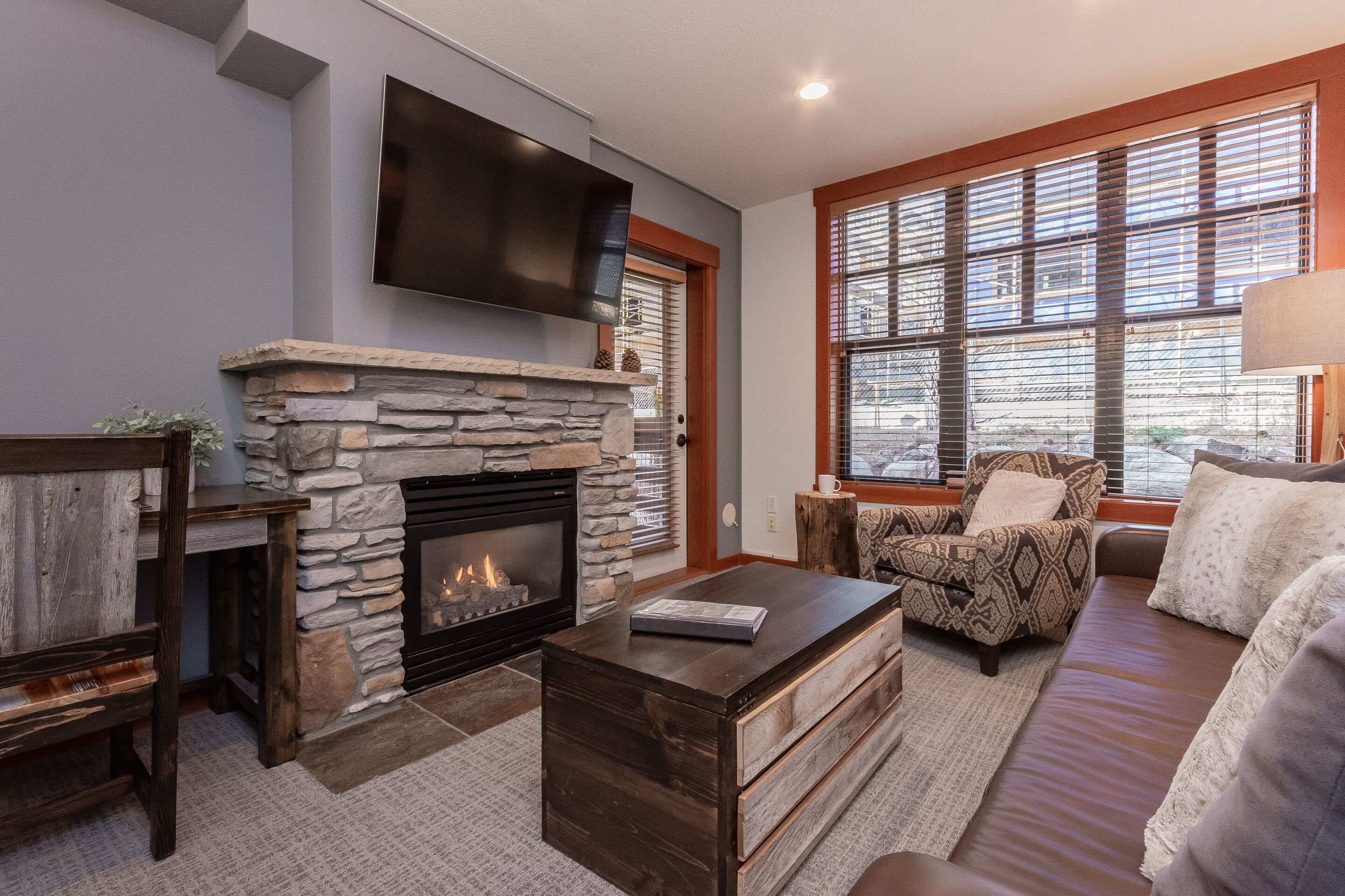 Smart TV, fireplace, DVD player, books