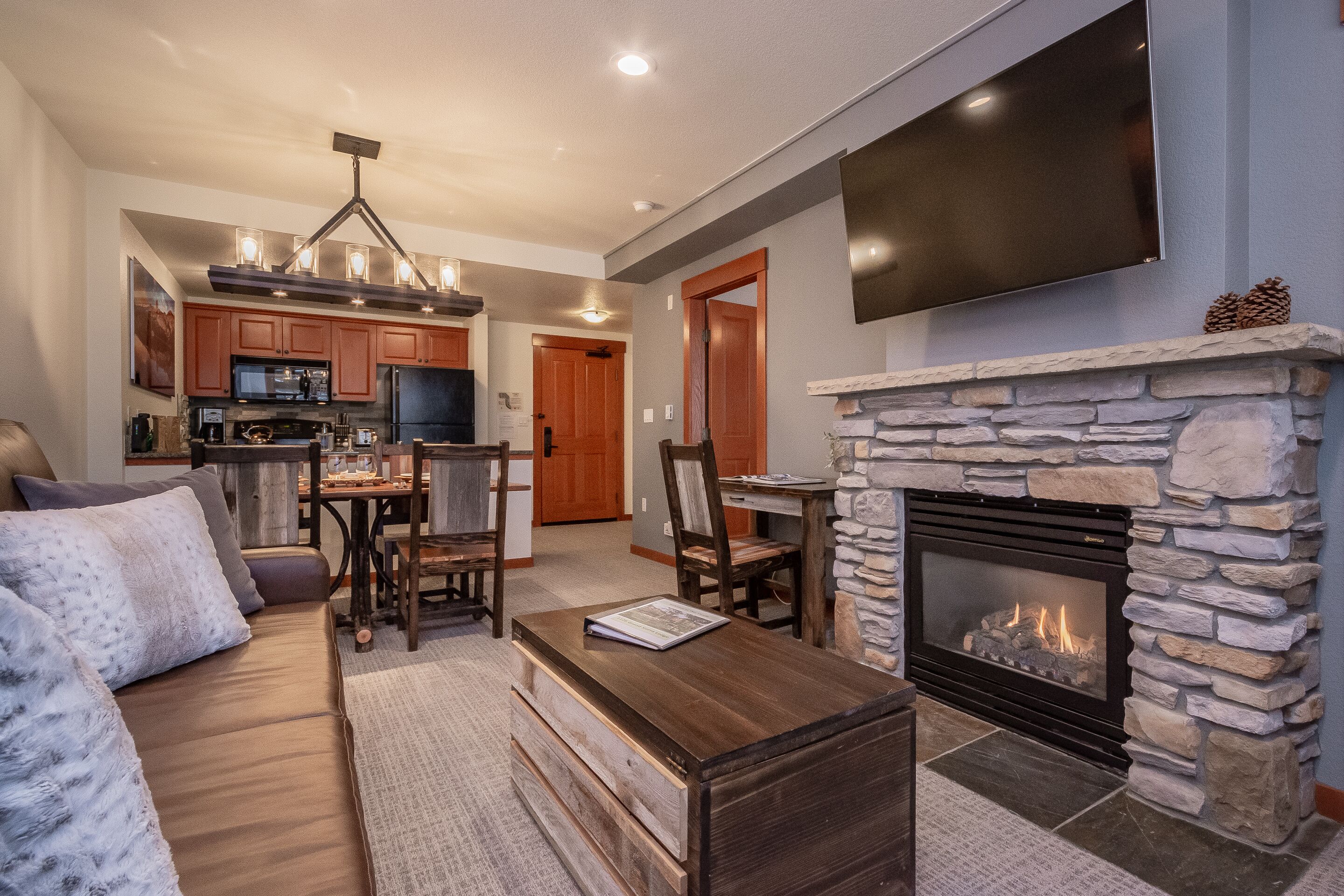 Smart TV, fireplace, DVD player, books