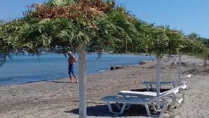 A beach with white lounge chairs and a palm tree. - Alexandra Apartments (Corfu)