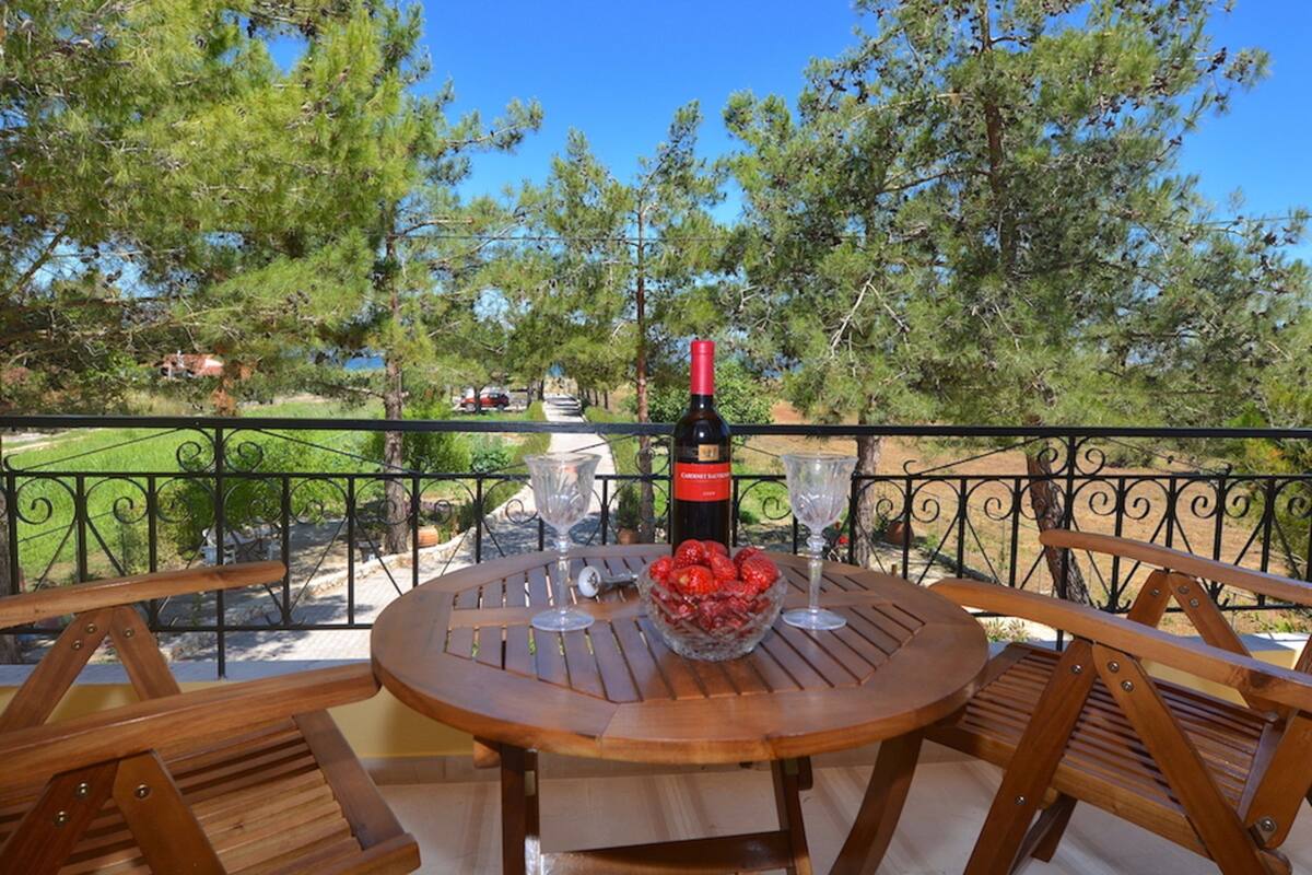 A wooden outdoor table with a bottle of wine and a bowl of strawberries, surrounded by metal chairs.
