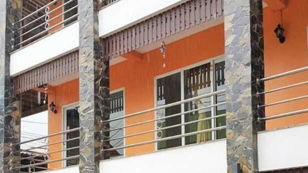 Un edificio de varios pisos con balcones, pilares de piedra y plantas en macetas.
