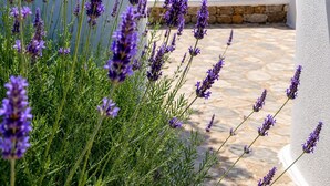 A white building with a stone wall and a clear blue sky. - Eleftheria Hotel (Mykonos)