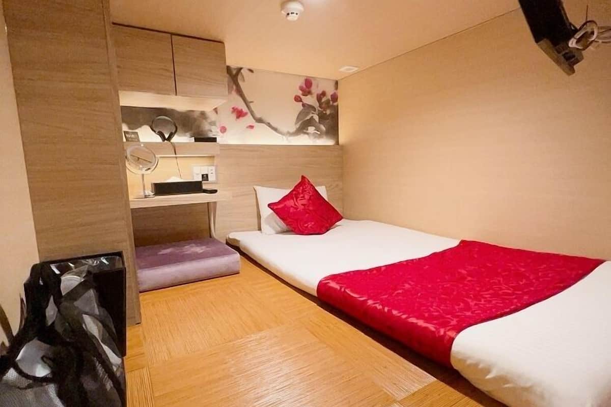 A compact hotel room with a single bed, a small desk, a wardrobe, and a ceiling-mounted light fixture.