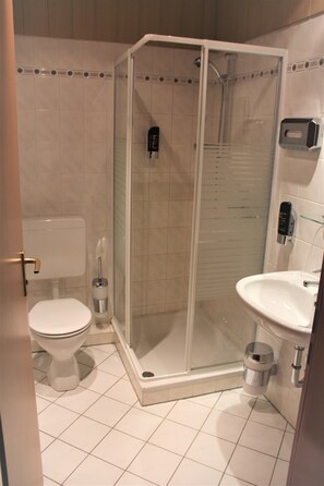 Bathroom features a glass-enclosed shower, toilet, sink, and mirror.