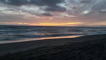 Mustaa hiekkaa, aurinkotuoleja, aurinkovarjoja, 2 rantabaaria