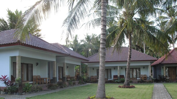 A resort with multiple bungalow-style buildings, each with a tiled roof and a covered porch.
