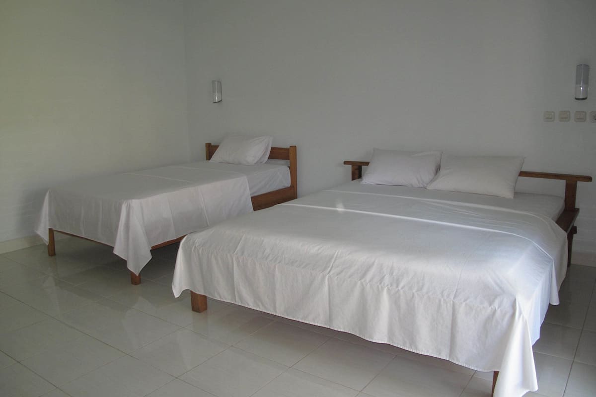 A room with two single beds, each with wooden headboards and white bedding.