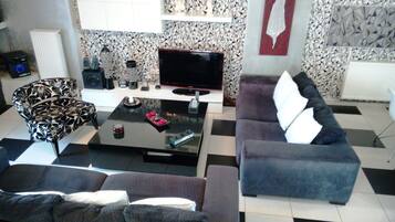 Flat-screen TV, fireplace, video game console, DVD player