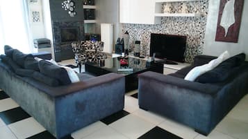 Flat-screen TV, fireplace, video-game console, DVD player