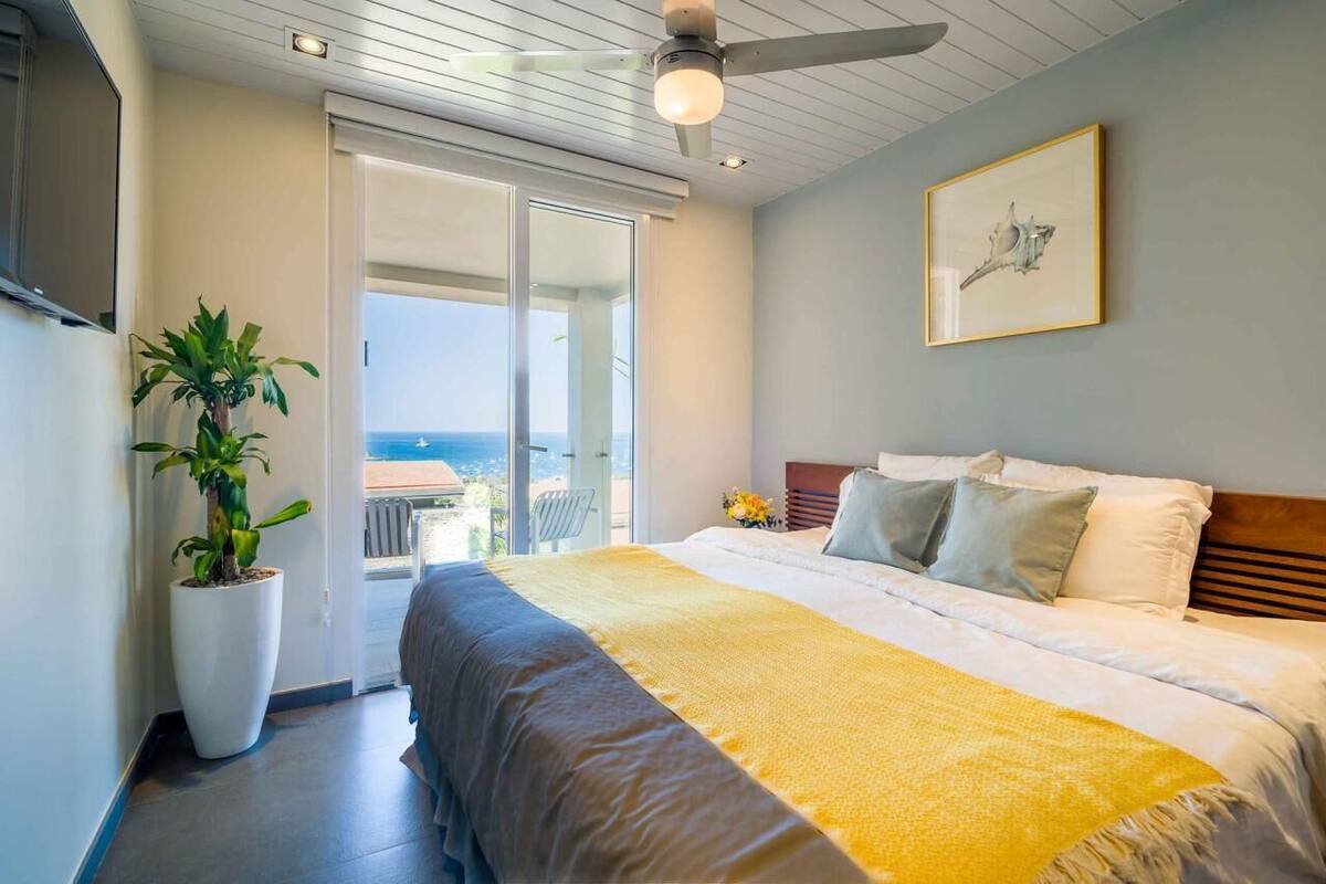 Een slaapkamer met een bed, een potplant, een plafondventilator en een schilderij aan de muur.