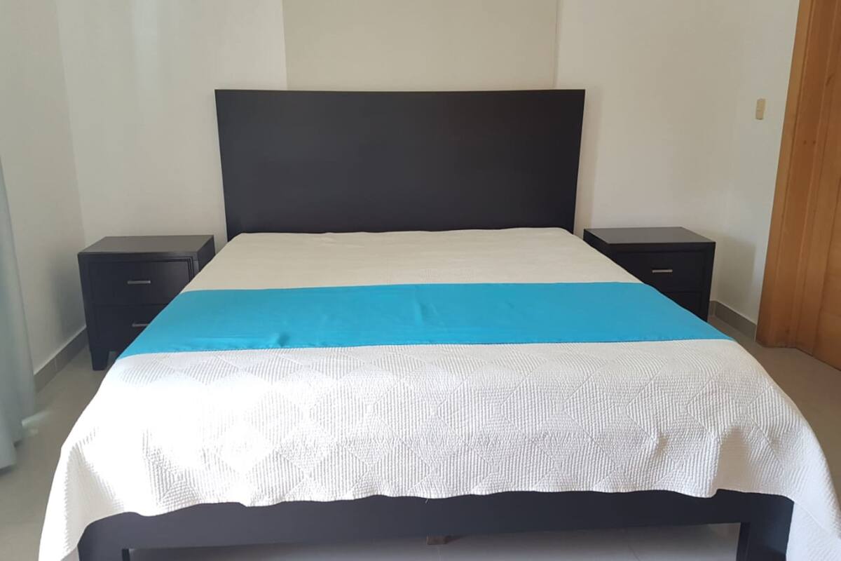 A bedroom with a bed, two nightstands, and a wooden door.