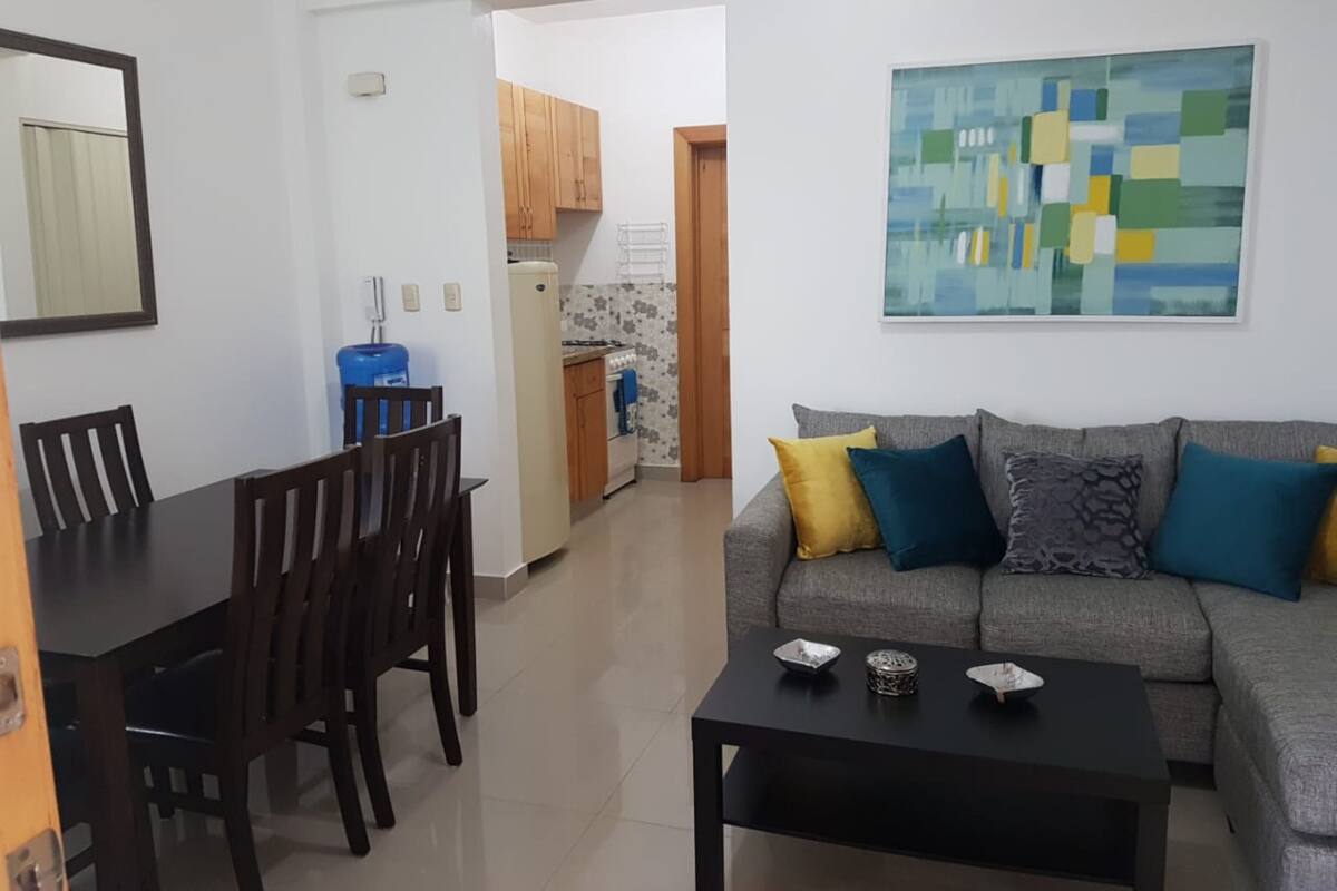 A compact living space with a dining area, kitchenette, and a sofa with cushions.