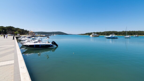 A marina with boats docked, a paved walkway, and a clear blue sky.