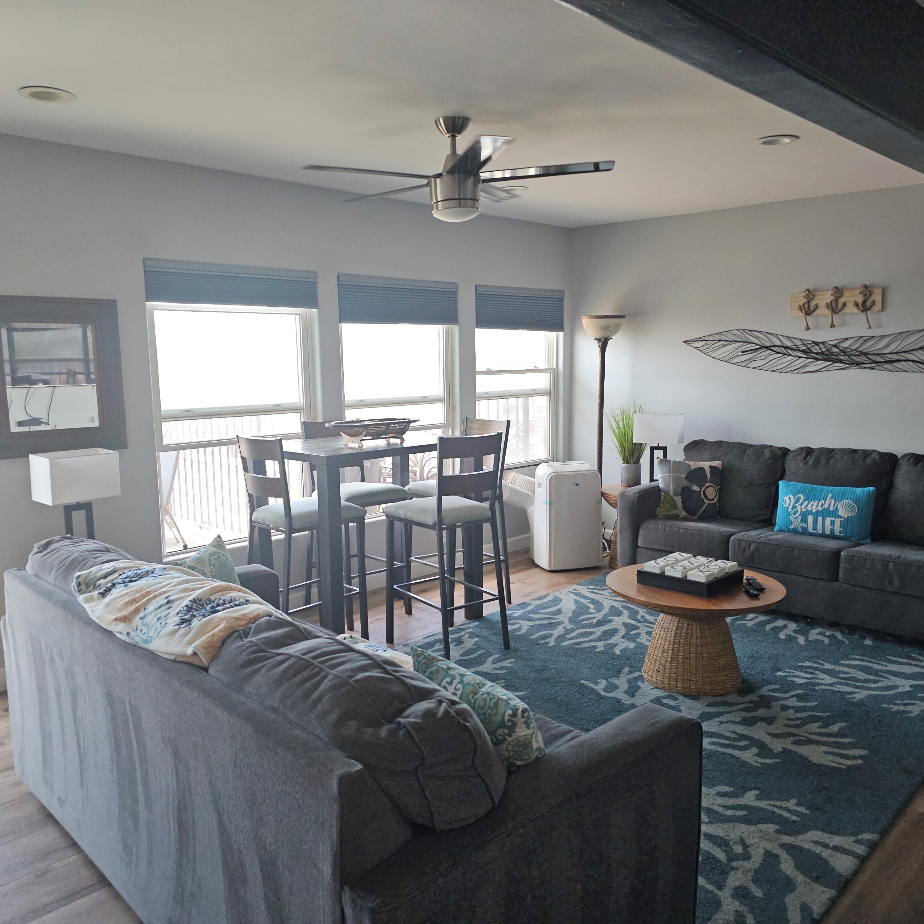 Smart TV, fireplace, DVD player, books