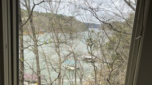 Vista attraverso una finestra su alberi spogli e un corpo d'acqua.