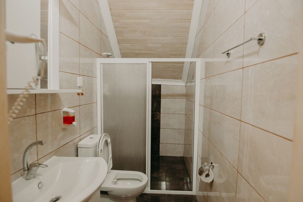 A small bathroom with a toilet, sink, and shower.