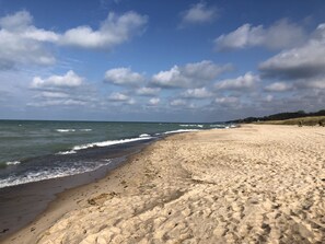 Ein sandiger Strand mit Wellen, einem klaren Himmel und Bäumen in der Ferne.