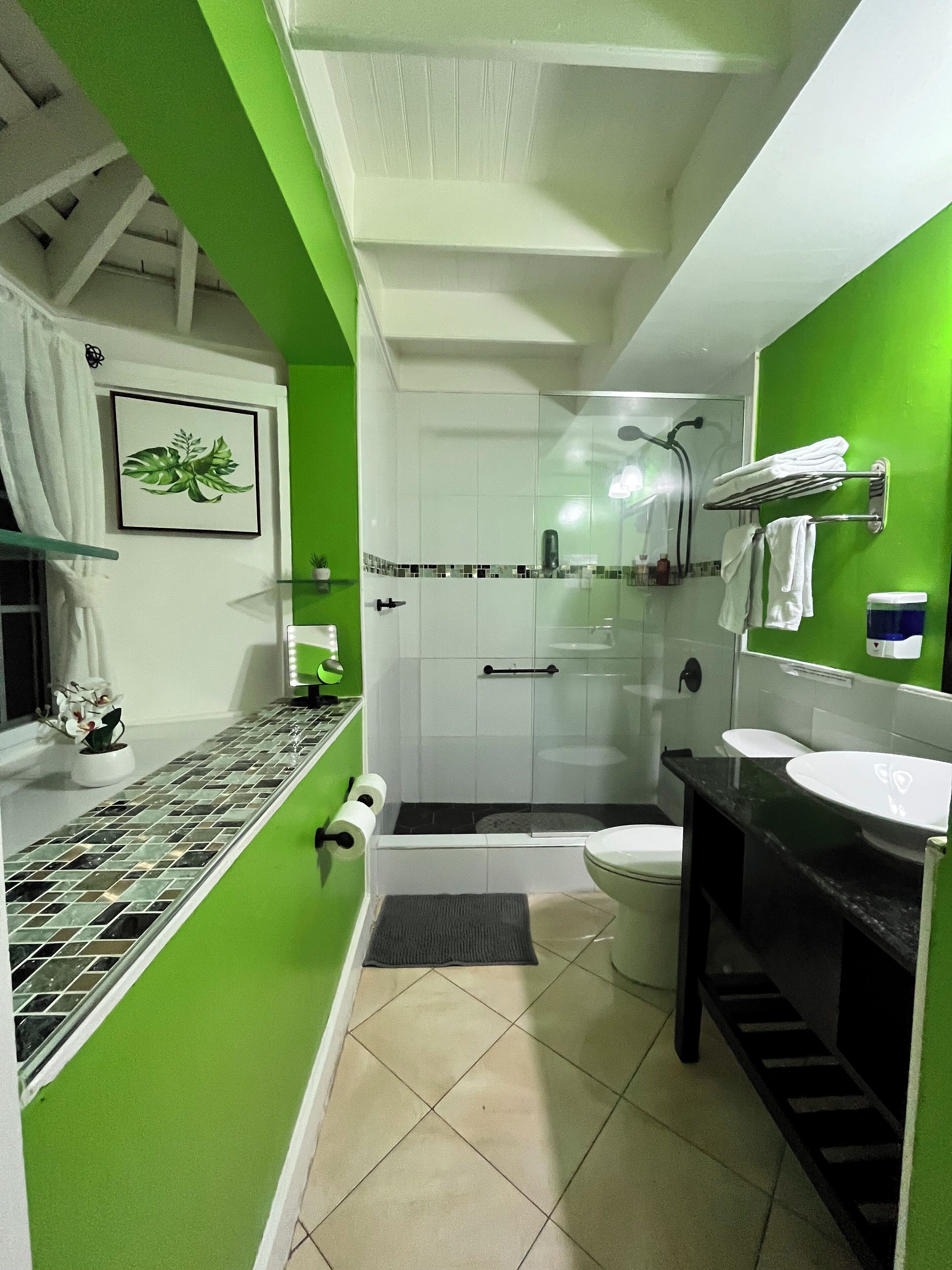 A bathroom with a green wall, a white sink, a black countertop, a shower, and a toilet.