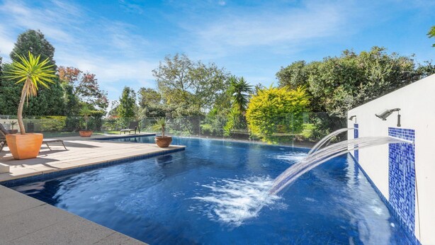 Une piscine agrémentée d’un élément décoratif aquatique, entourée de plantes en pot et baignée par un ciel dégagé.
