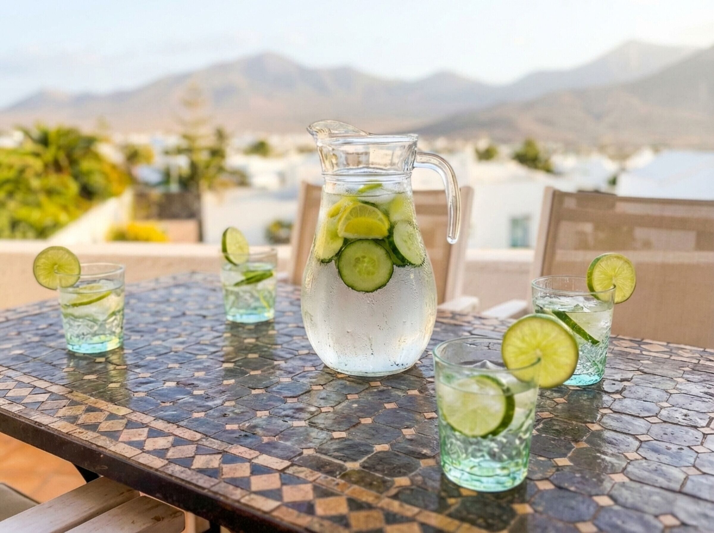 A table with a pitcher and glasses of a beverage garnished with lime slices, set against a mountainous backdrop.