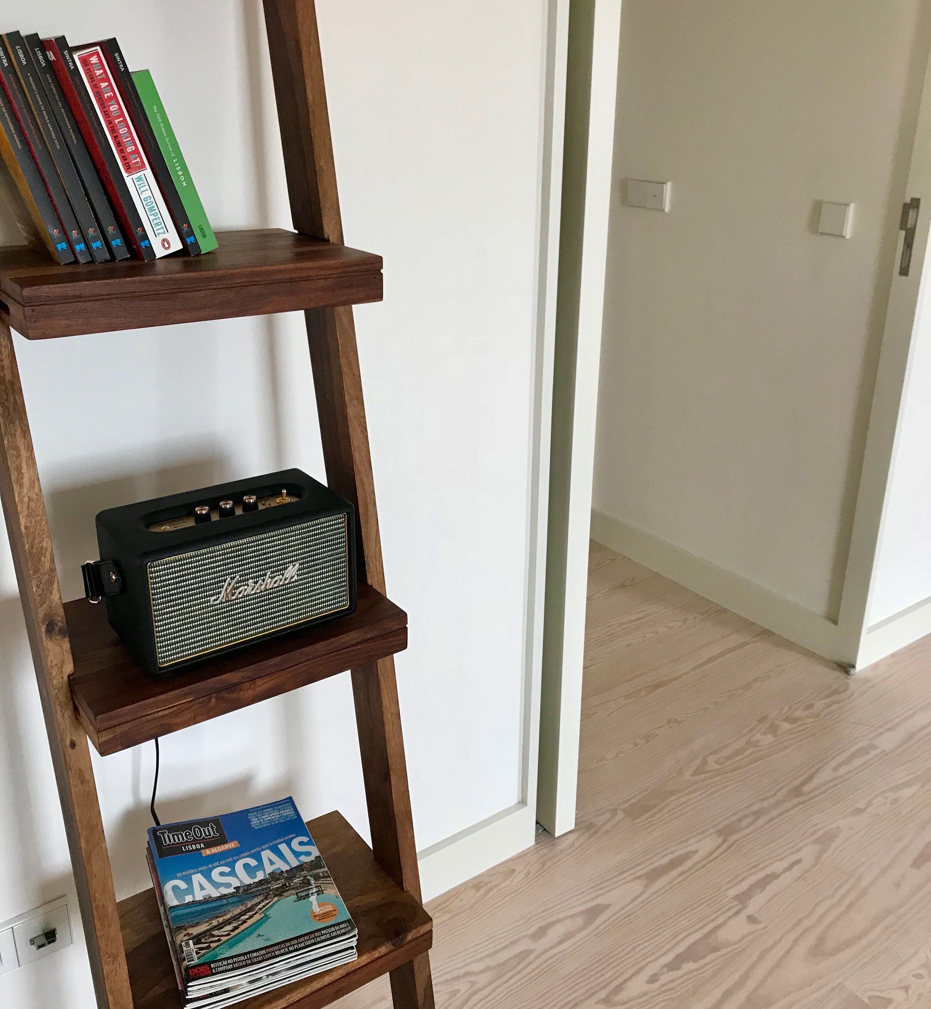 Una estantería de madera con libros y un amplificador Marshall antiguo.