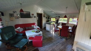 Smart TV, chimenea, libros y biblioteca musical