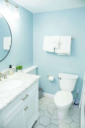 Bathtub, hair dryer, shampoo